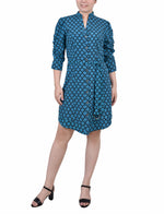 Petite 3/4 Rouched Sleeve Dress With Belt