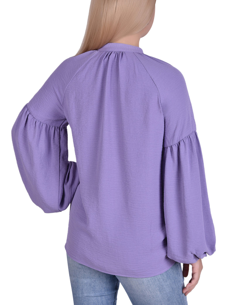 Plus Size Bishop Sleeve Pullover With Mandarin Collar Blouse
