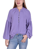 Plus Size Bishop Sleeve Pullover With Mandarin Collar Blouse