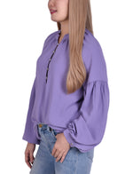 Plus Size Bishop Sleeve Pullover With Mandarin Collar Blouse