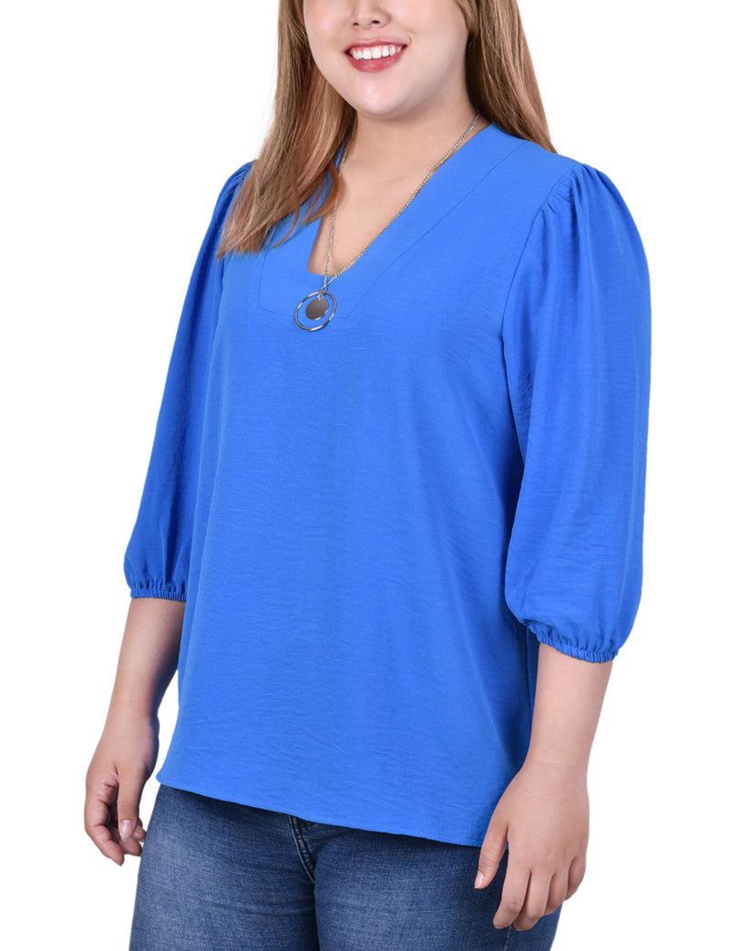 Plus Size 3/4 Puff Sleeve Blouse With Detachable Necklace