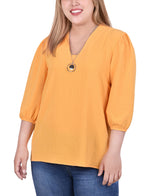 Plus Size 3/4 Puff Sleeve Blouse With Detachable Necklace