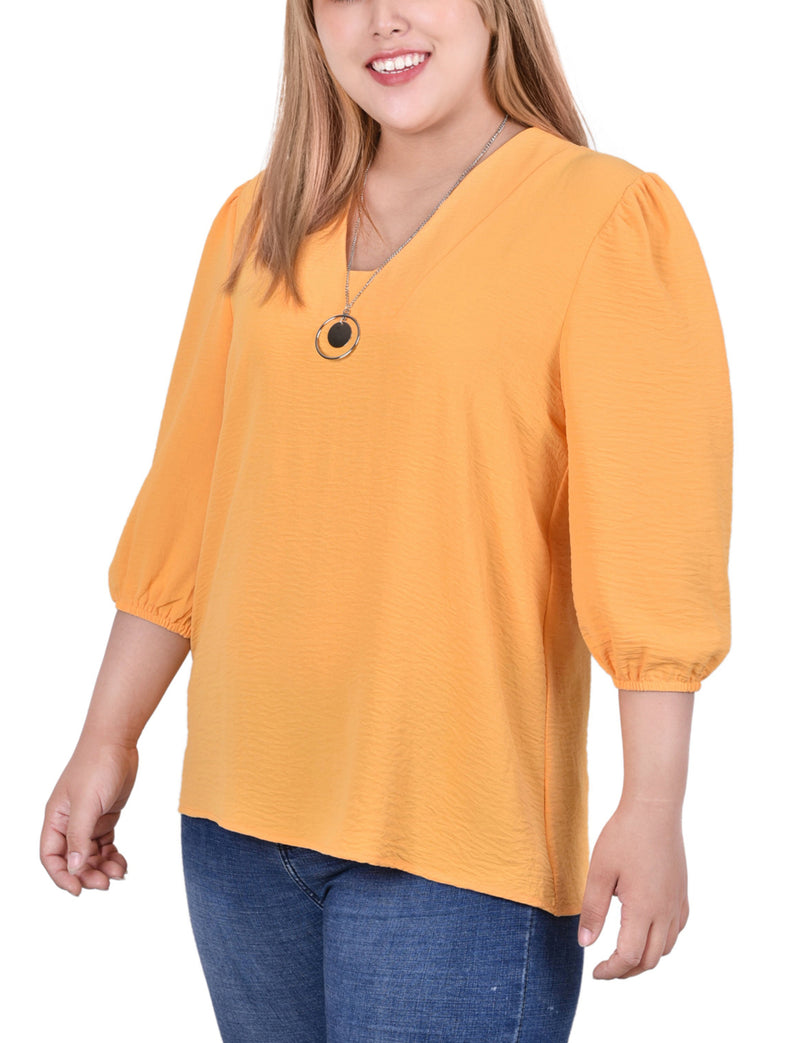 Plus Size 3/4 Puff Sleeve Blouse With Detachable Necklace