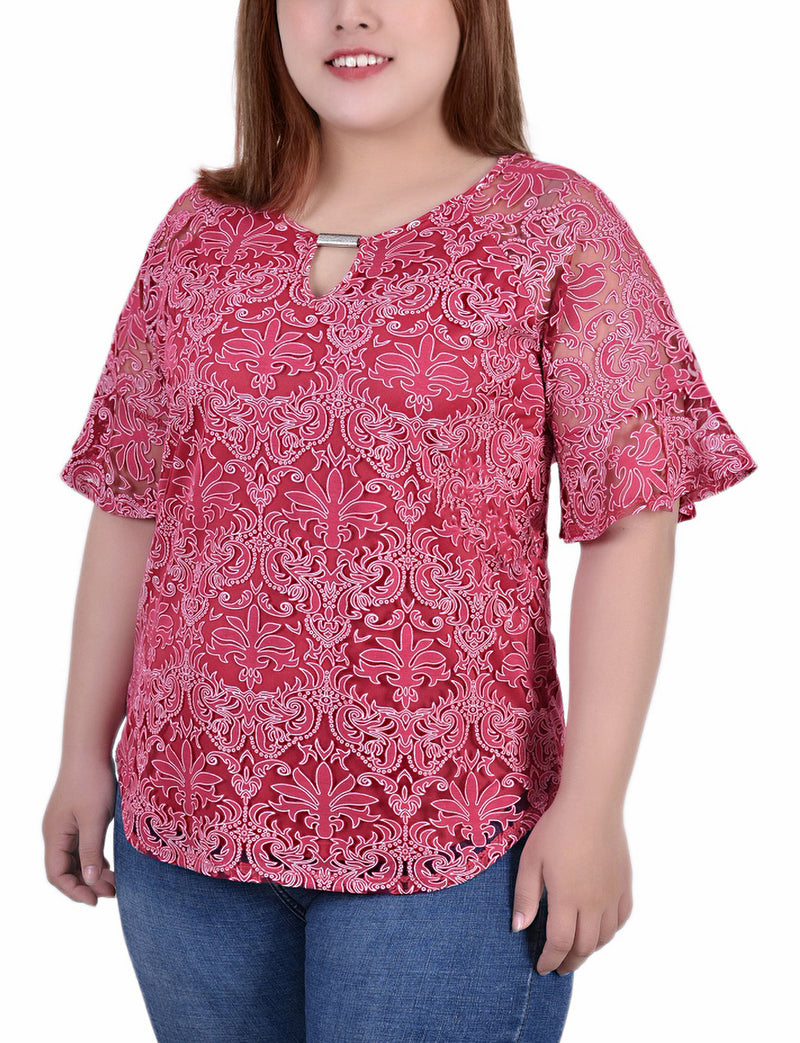 Plus Size Short Bell Sleeve Lace Blouse