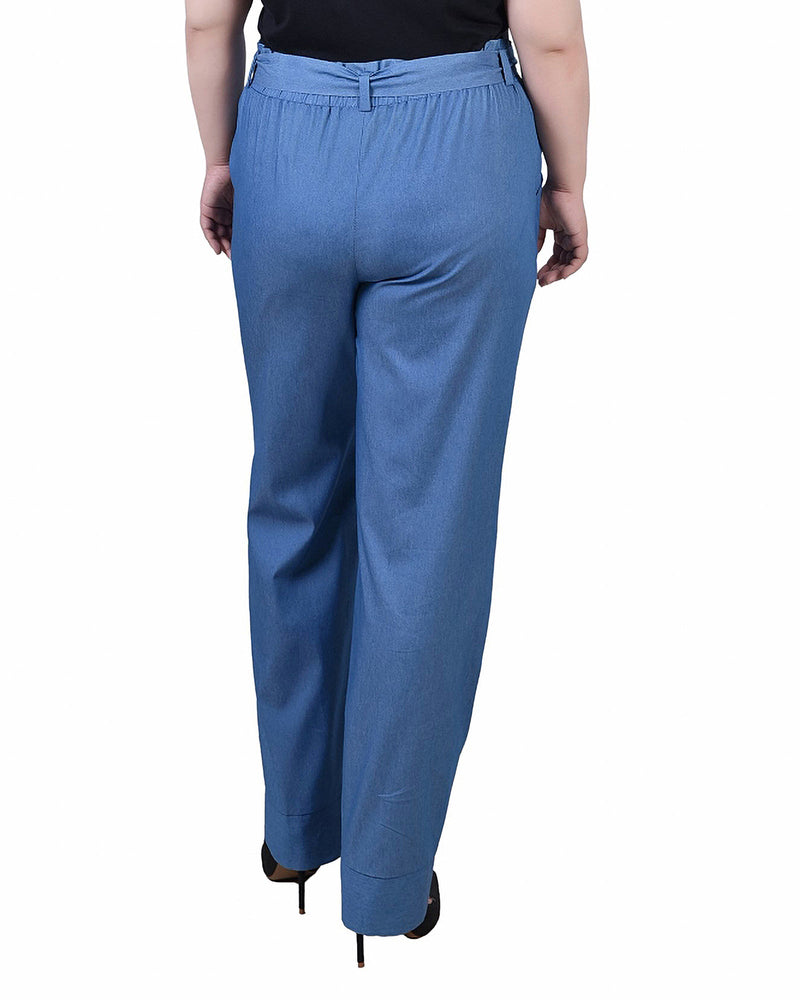 Plus Size Pull On Chambray Belted Pants