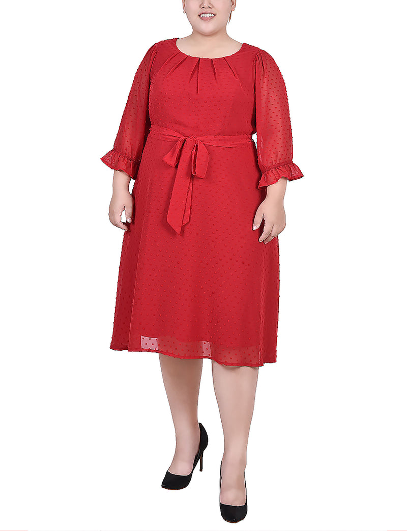 Plus Size 3/4 Sleeve Belted Swiss Dot Dress