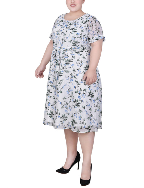 Plus Size Short Sleeve Belted Swiss Dot Dress