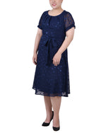 Plus Size Short Sleeve Belted Swiss Dot Dress