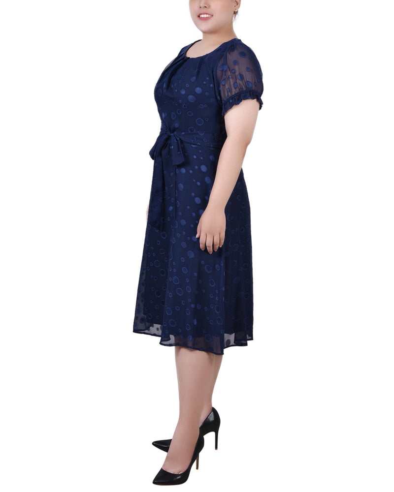 Plus Size Short Sleeve Belted Swiss Dot Dress