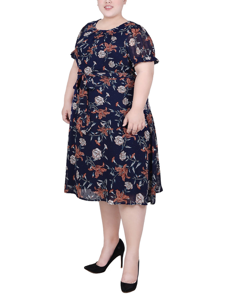 Plus Size Short Sleeve Belted Swiss Dot Dress