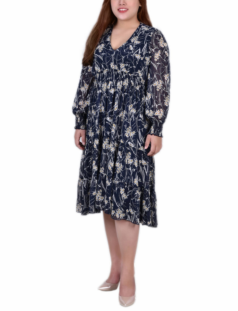 Plus Size Long Sleeve Clip Dot Chiffon Dress With Smocked Waist and Cuffs