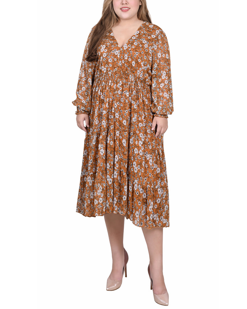 Plus Size Long Sleeve Clip Dot Chiffon Dress With Smocked Waist and Cuffs
