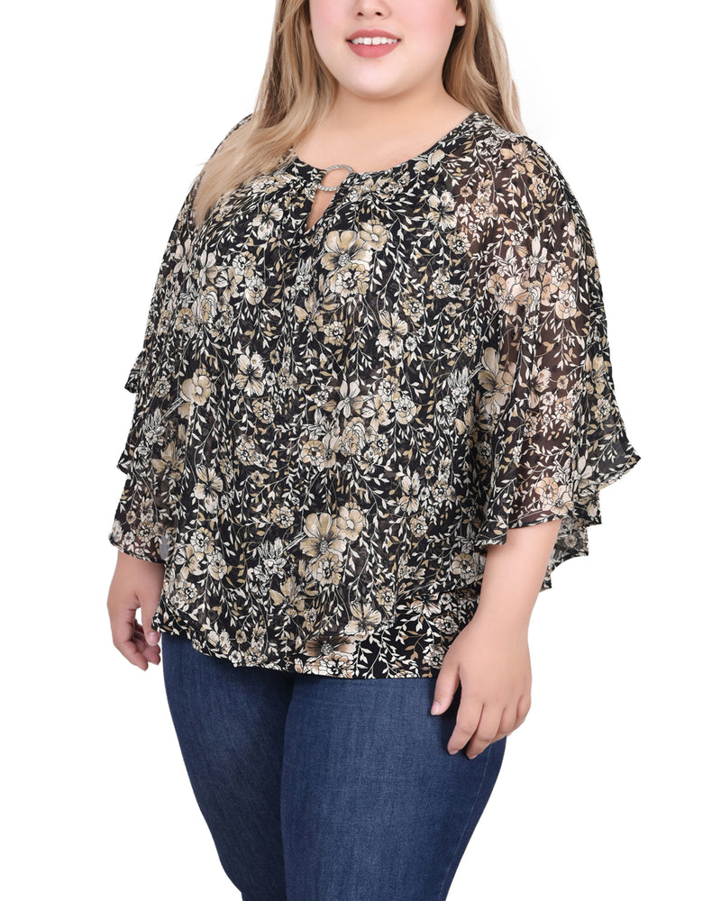 Plus Size Chiffon Poncho Top With Ring