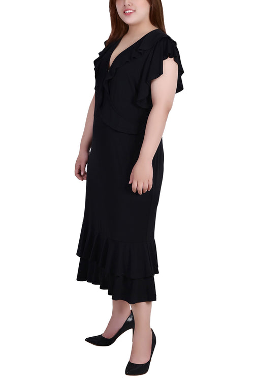 Plus Size Short flutter Sleeve Ruffle Neck Dress