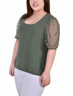 Plus Size Elbow Sleeve Crepe Top With Mesh Dotted Sleeves