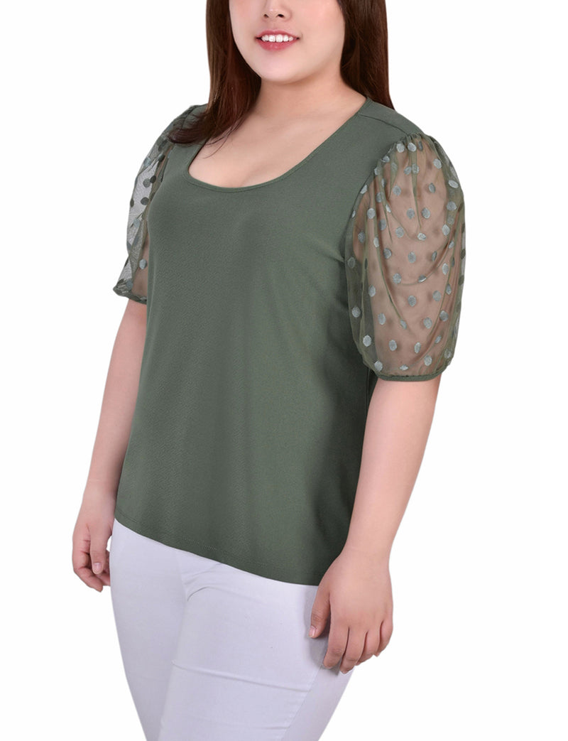 Plus Size Elbow Sleeve Crepe Top With Mesh Dotted Sleeves