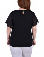 Plus Size Short Flutter Sleeve Top With Rhinestone Studs