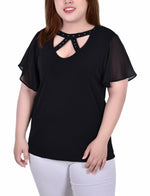 Plus Size Short Flutter Sleeve Top With Rhinestone Studs