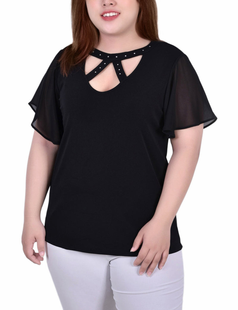 Plus Size Short Flutter Sleeve Top With Rhinestone Studs