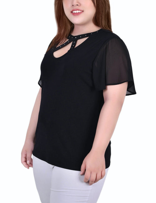 Plus Size Short Flutter Sleeve Top With Rhinestone Studs
