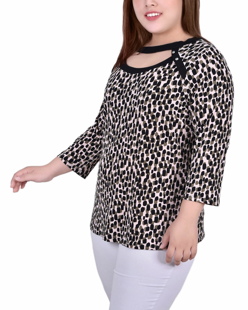 Plus Size 3/4 Sleeve Top With Combo Bands And Front Cutout