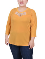Plus Size 3/4 Sleeve Top With Neckline Cutouts and Stones