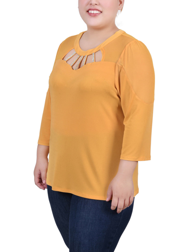 Plus Size 3/4 Sleeve Top With Neckline Cutouts and Stones