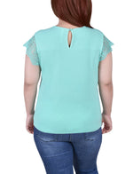 Plus Size Crepe Knit Top With Lace Flanged Sleeve and Yoke