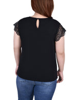 Plus Size Crepe Knit Top With Lace Flanged Sleeve and Yoke
