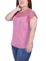 Plus Size Crepe Knit Top With Lace Flanged Sleeve and Yoke