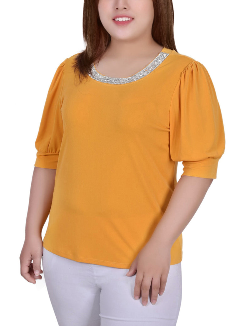 Plus Size Short Beaded Puff Sleeve Top