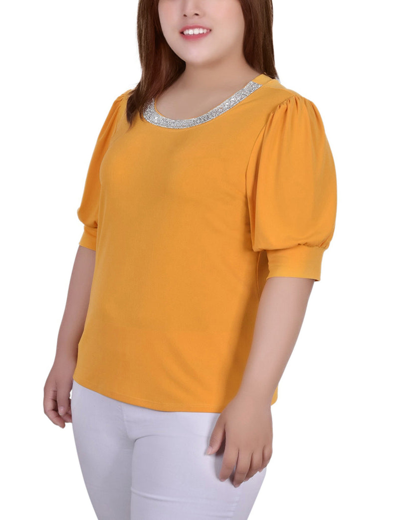Plus Size Short Beaded Puff Sleeve Top