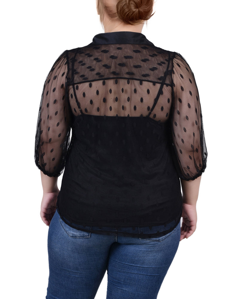 Plus Size Elbow Sleeve Clip Dot Blouse With Camisole