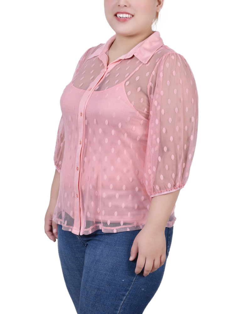 Plus Size Elbow Sleeve Clip Dot Blouse With Camisole