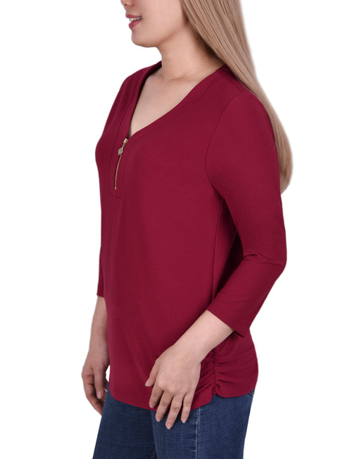 Plus Size Long Sleeve Crepe Knit V Neck Top With Zipper