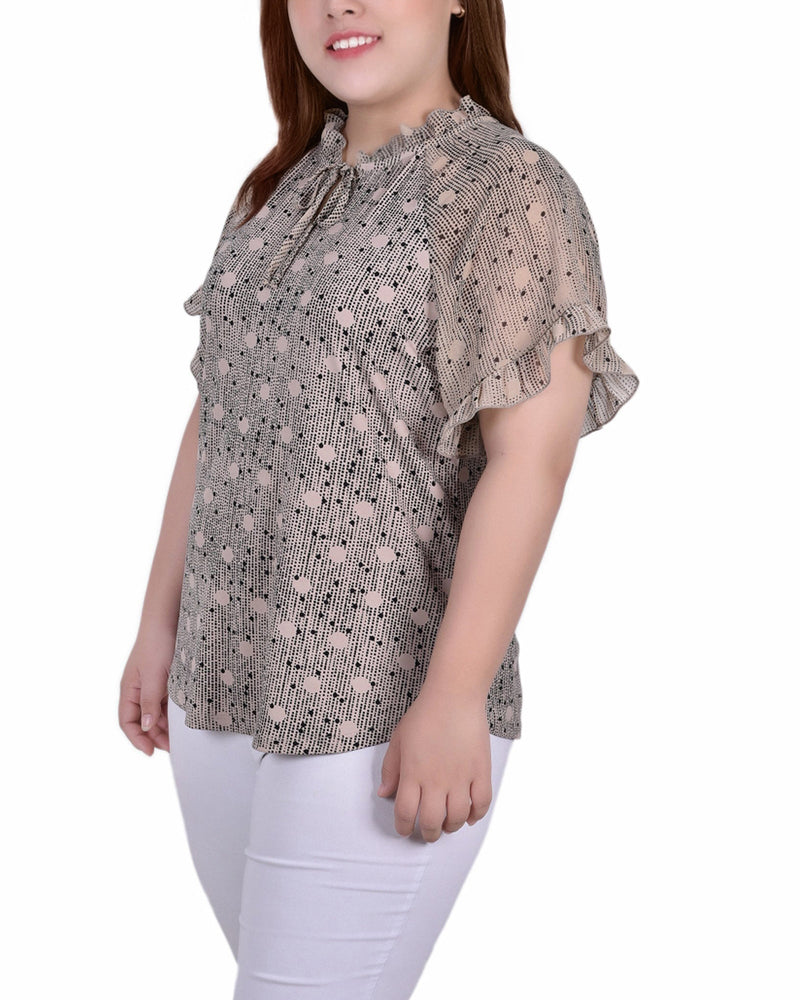 Plus Size Short Ruffled Sleeve Crepe Knit Top With Chiffon Sleeves
