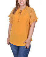 Plus Size Short Ruffled Sleeve Crepe Knit Top With Chiffon Sleeves