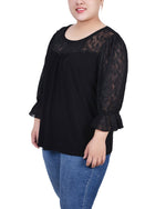 Plus Size 3/4 Sleeve Crepe Top With Embroidered Mesh Yoke And Sleeves