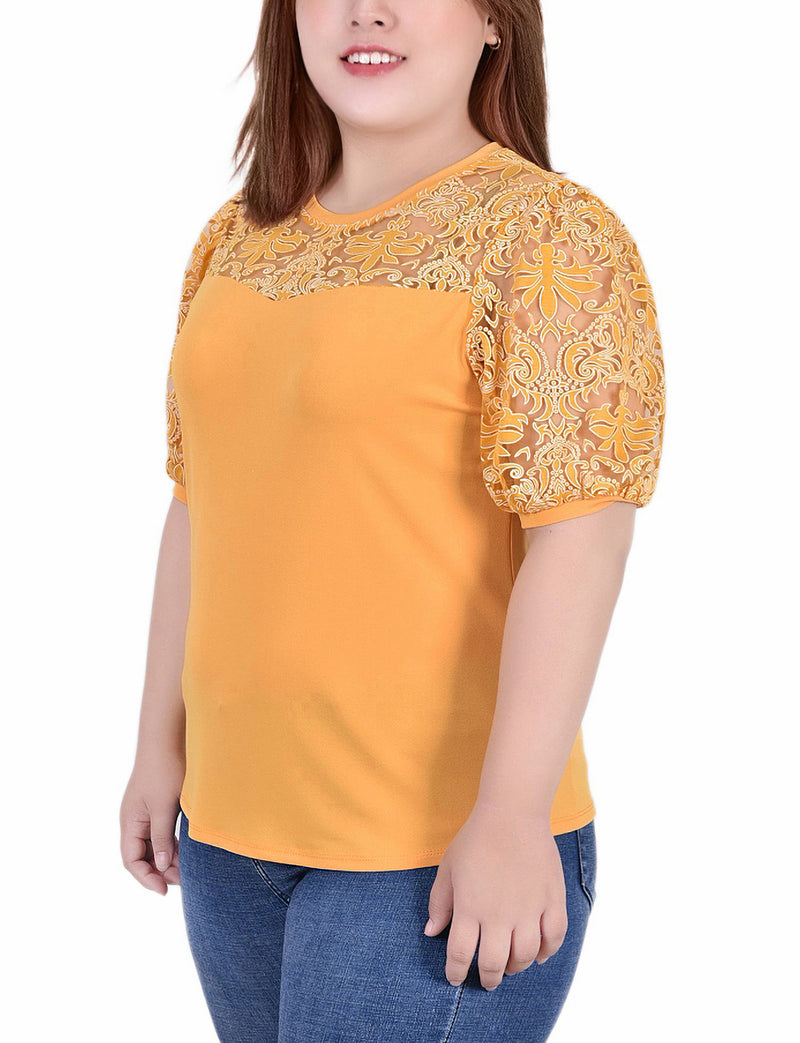 Plus Size Puff Lace-Sleeve Top