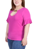Plus Size Short Bell Sleeve Top With Chain Hardware