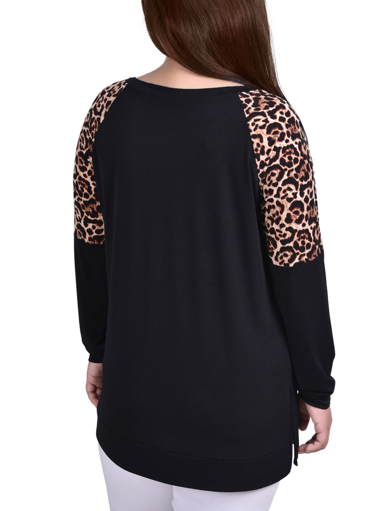 Plus Size Long Raglan Sleeve Top With Animal Print Insets