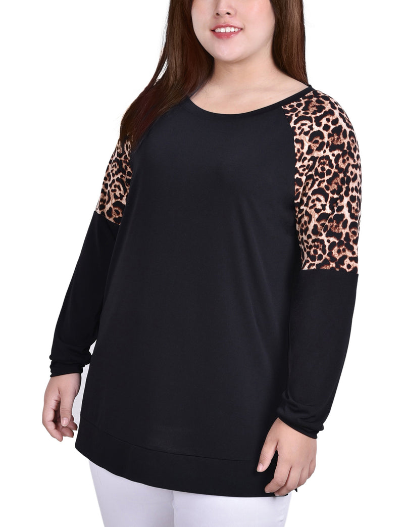 Plus Size Long Raglan Sleeve Top With Animal Print Insets