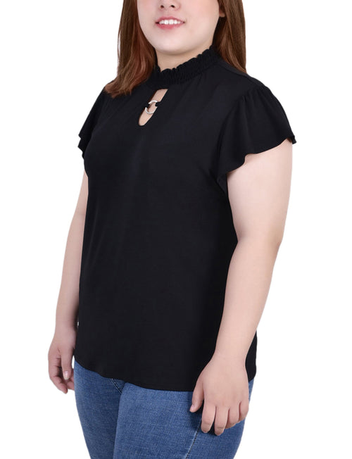 Plus Size Short Flutter Sleeve Mock Neck Top