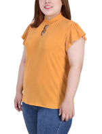 Plus Size Short Flutter Sleeve Mock Neck Top