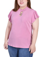 Plus Size Short Flutter Sleeve Mock Neck Top