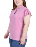 Plus Size Short Flutter Sleeve Mock Neck Top