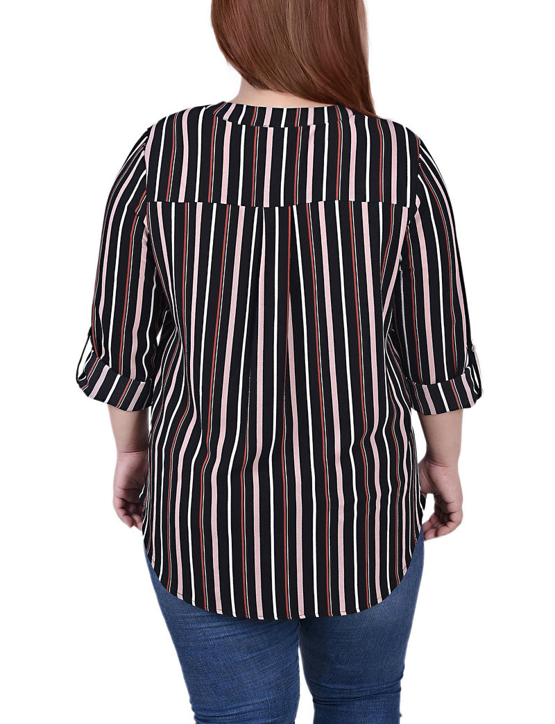 Plus Size 3/4 Sleeve Mandarin Collar Blouse With Front Pleats
