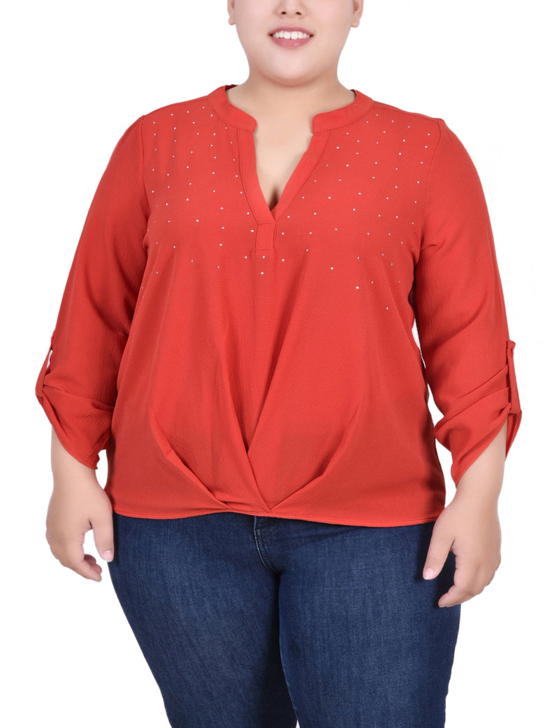 Plus Size 3/4 Sleeve Mandarin Collar Blouse With Front Pleats