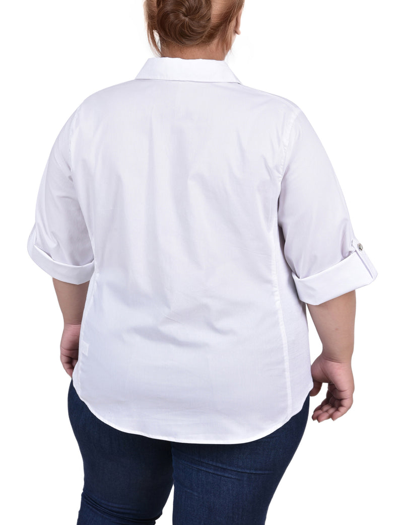 Plus Size Roll Tab Blouse With Rib Insets