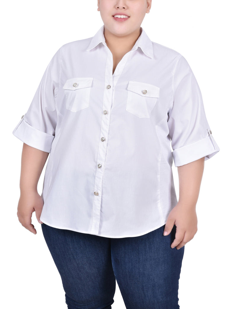 Plus Size Roll Tab Blouse With Rib Insets